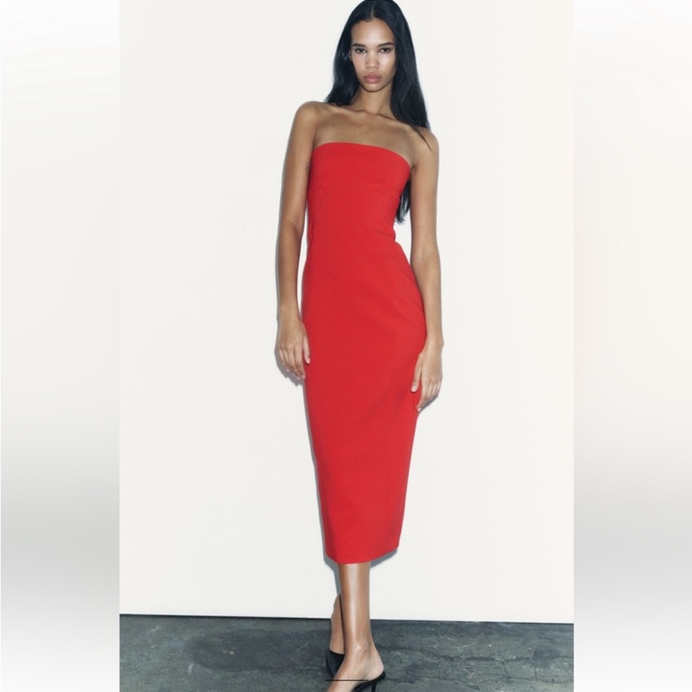 Zara Red Fitted Strapless Bodycon Midi Dress straight neckline Stretchy NWT - Picture 1 of 10